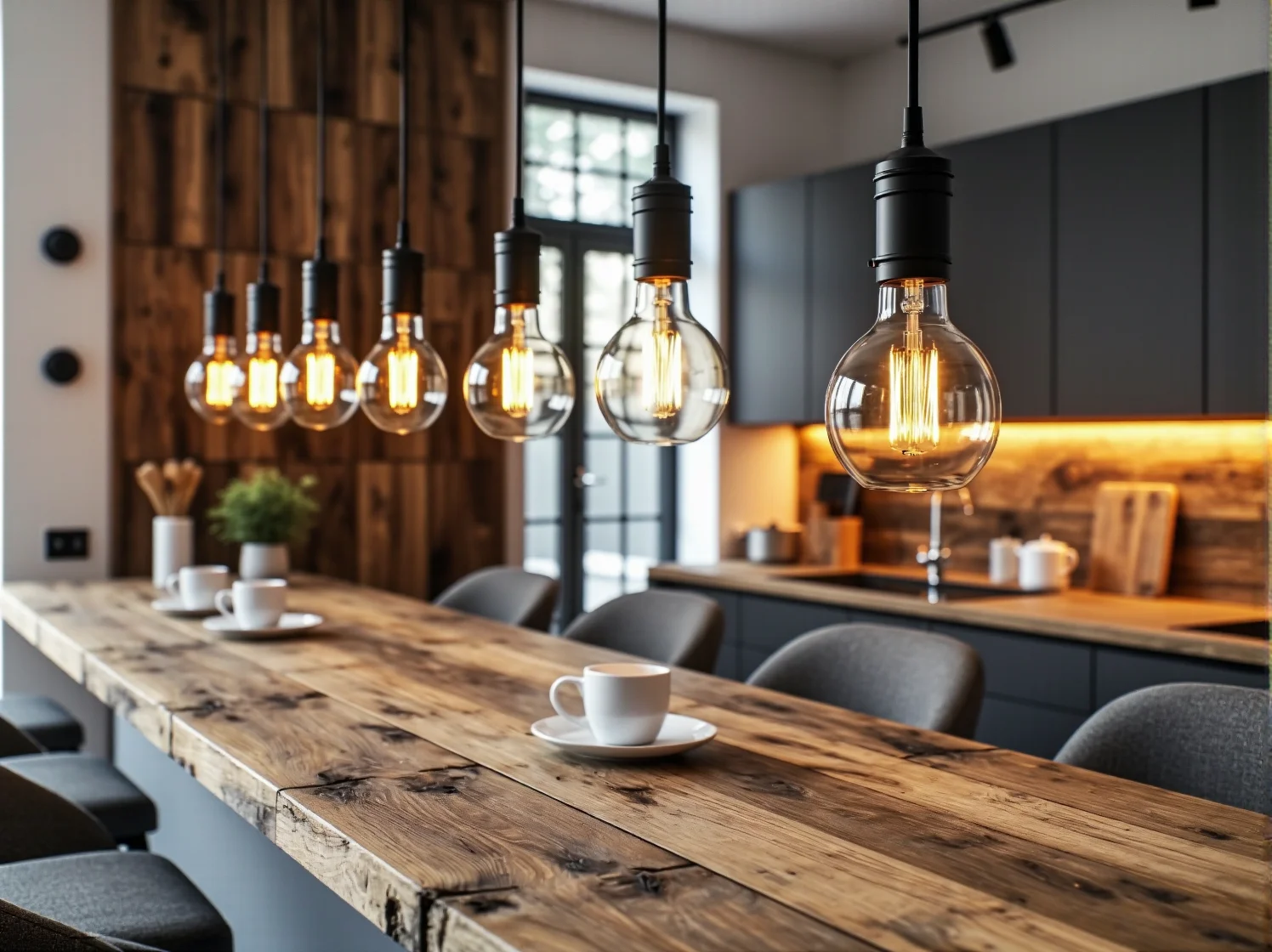 Minimalistyczne, czarne lampy wiszące jako funkcjonalne oświetlenie blatu roboczego w kuchni z drewnem.