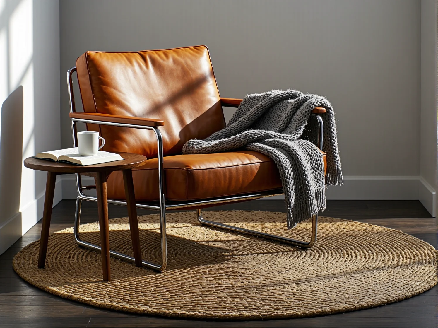 Nowoczesny fotel w stylu minimalistycznym jako centralny punkt pokoju.