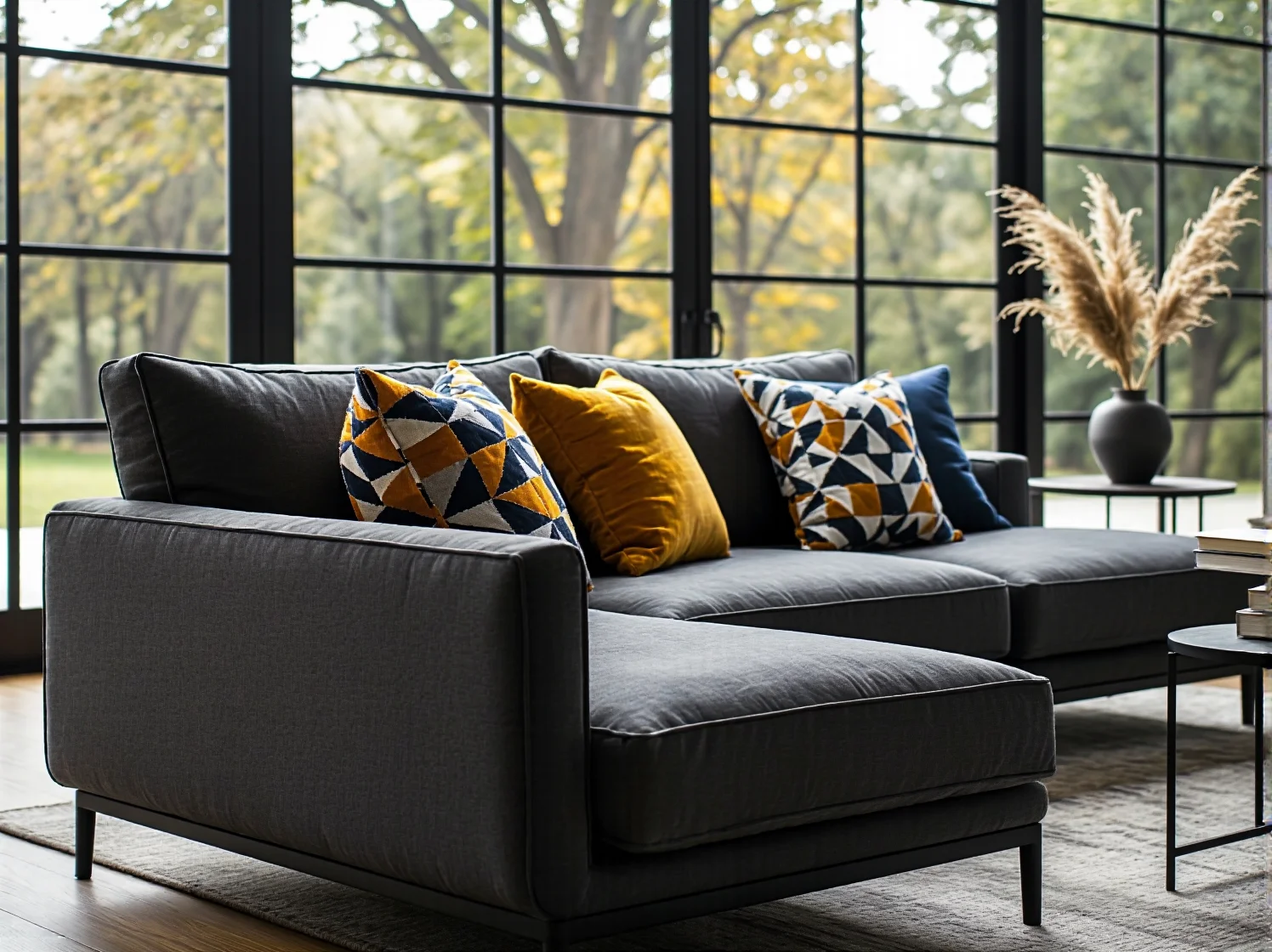 Zbliżenie na wytrzymałą tkaninę sofy narożnej, idealną do salonów z dużym nasłonecznieniem.