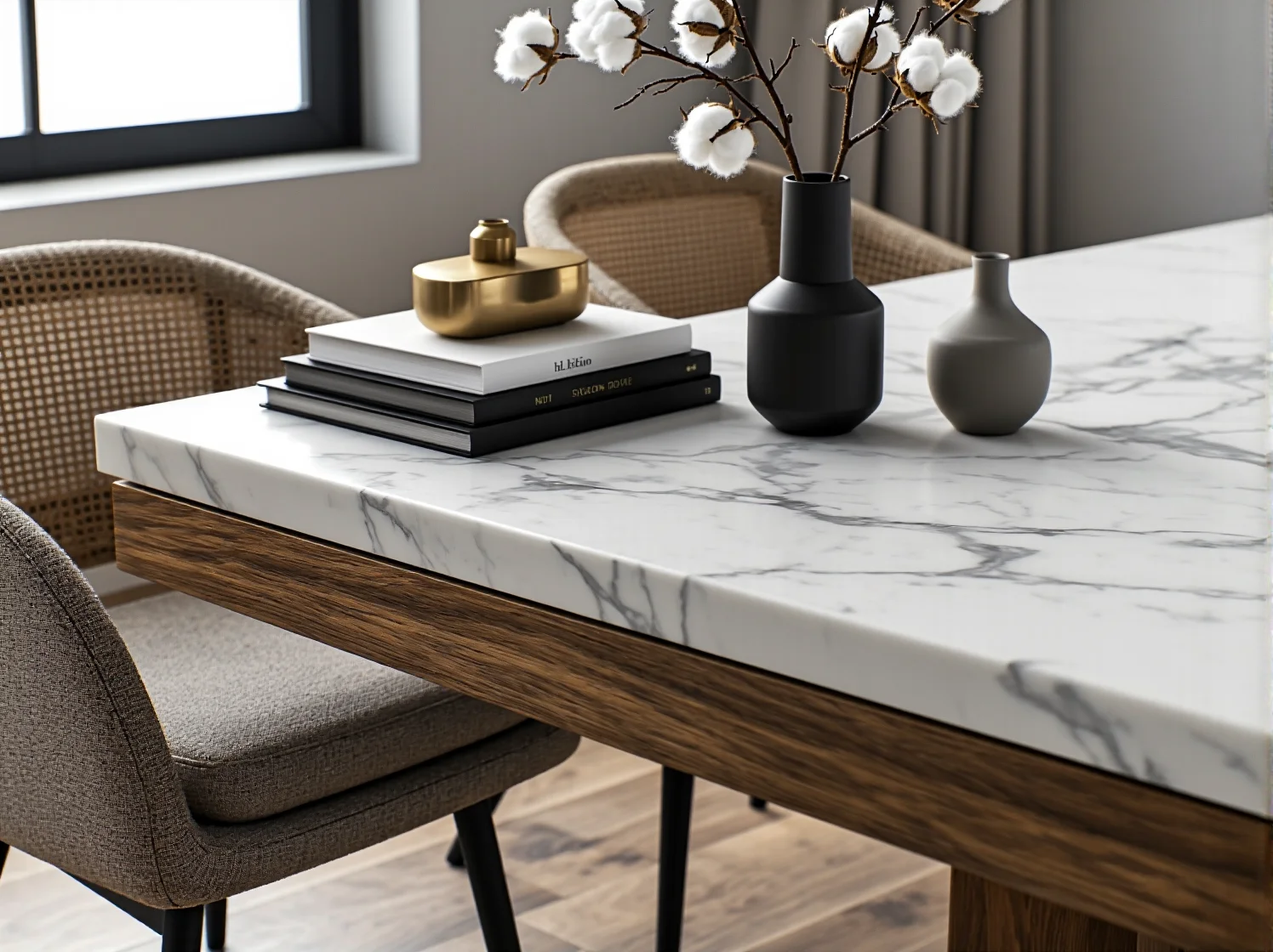 Nowoczesna aranżacja jadalni glamour z okrągłym marmurowym stołem i pikowanymi fotelami.