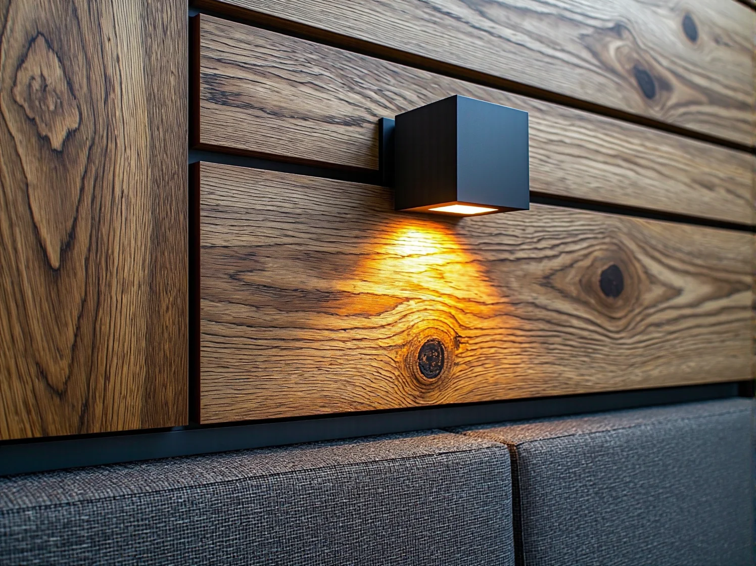 Oprawy dogruntowe oświetlające drewniane panele fasadowe od dołu