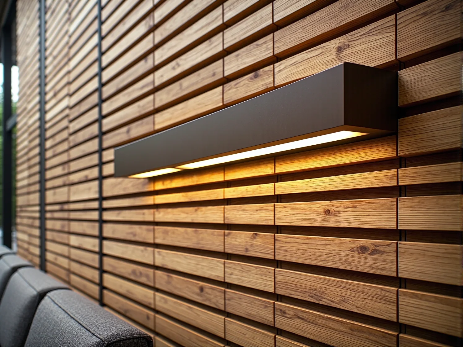 Oświetlenie architektoniczne uwydatniające poziome lamele drewniane