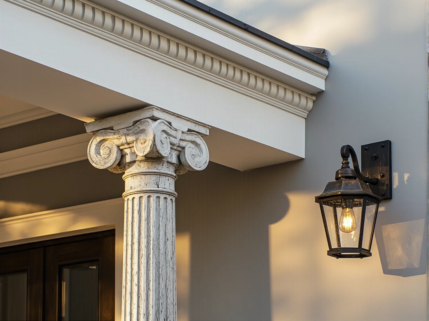 Ciepła barwa światła lamp elewacyjnych, tworząca przytulną i elegancką atmosferę wokół klasycznego budynku.