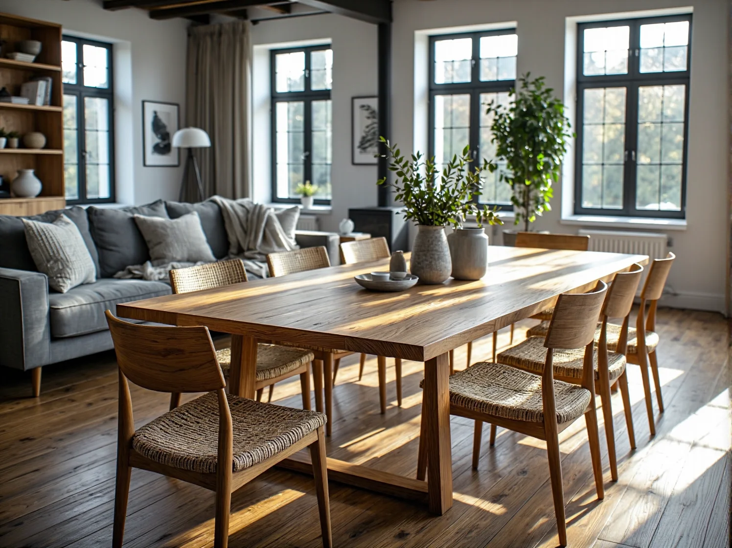 Duży drewniany stół jadalniany dębowy z kompletem krzeseł