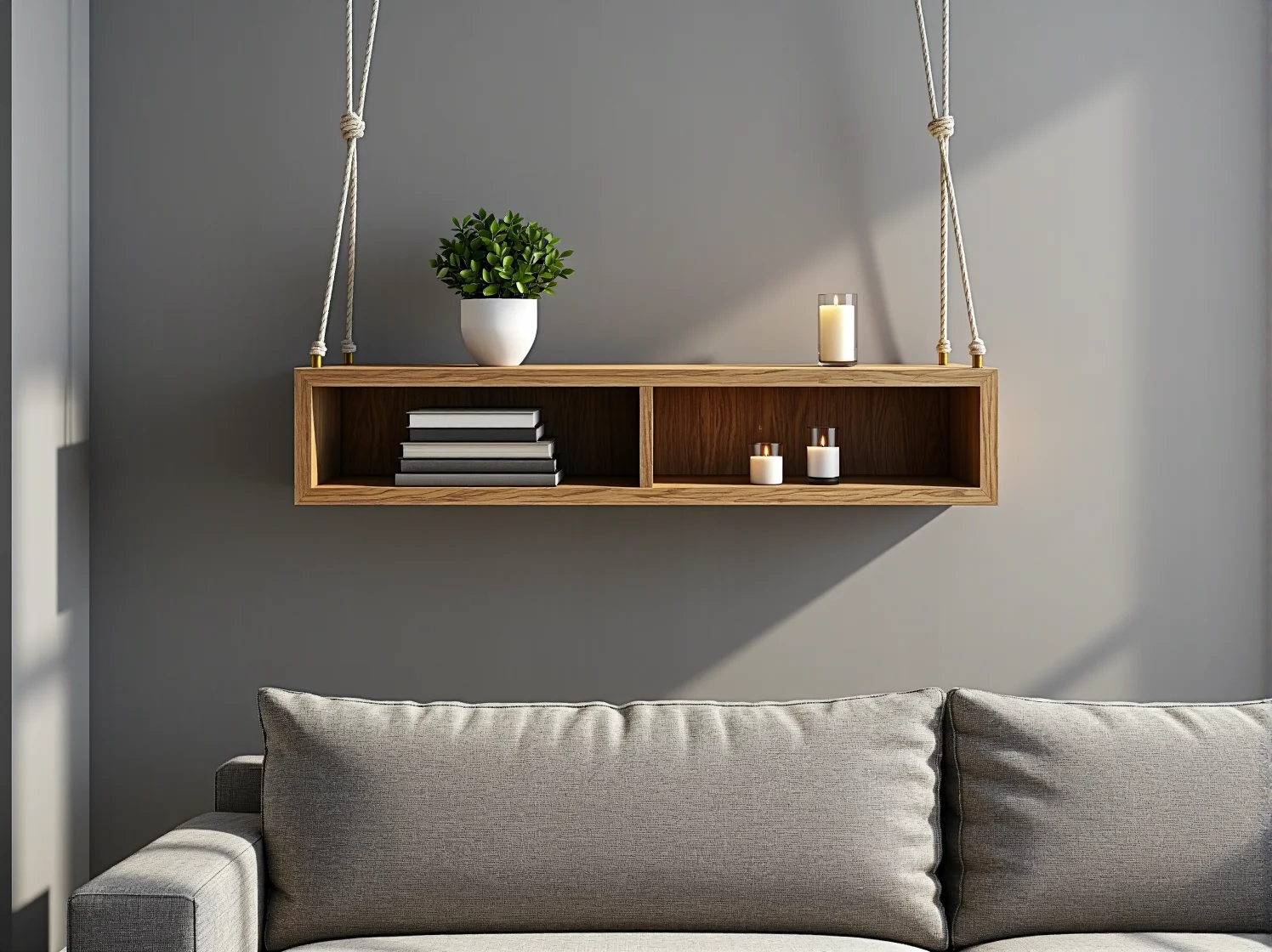 Wisząca półka ścienna dębowa z dwoma przegrodami na sznurach