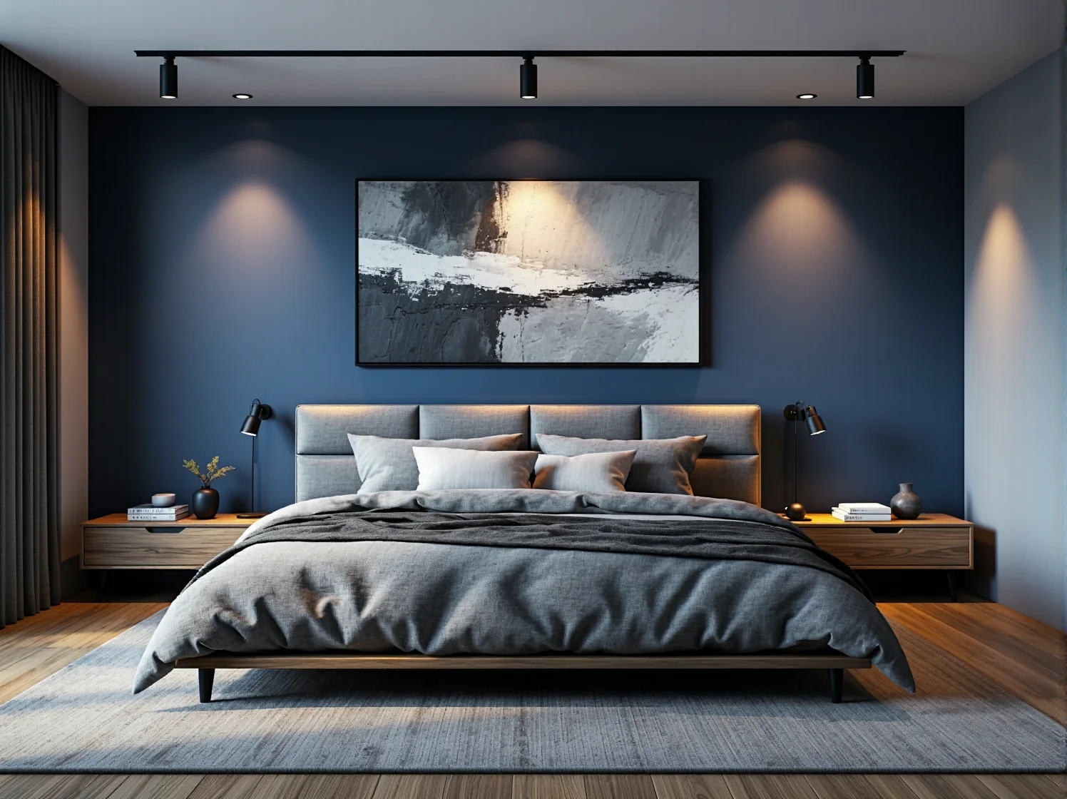 Tapicerowane łóżko dwuosobowe szare z miękkim zagłówkiem