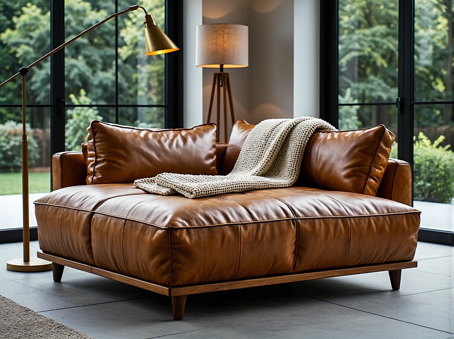 Aranżacja dużego salonu z narożnikiem w kształcie litery U, zachowująca proporcje wnętrza z przeszkleniami.