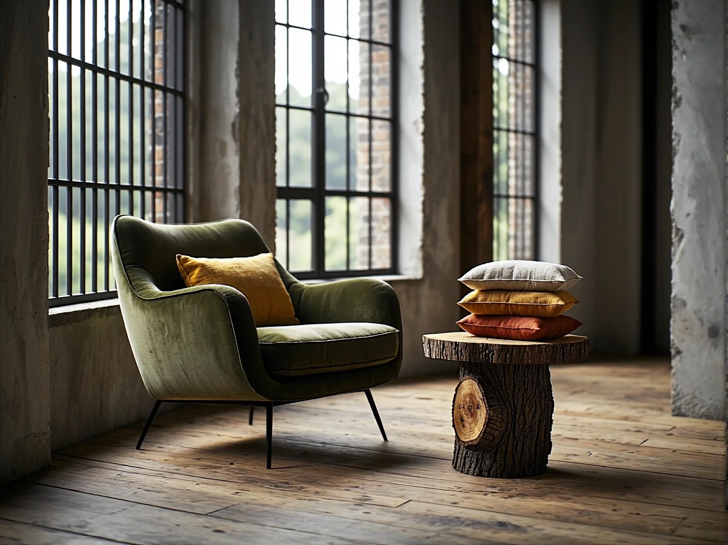 Przytulny kącik w lofcie ze skórzanym fotelem, drewnianym stolikiem i ciepłym światłem