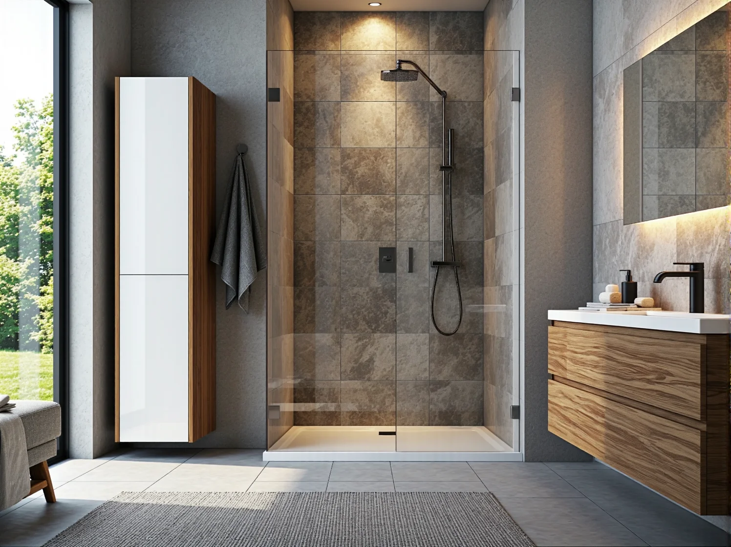 Minimalistyczna aranżacja łazienki z prostymi meblami, dużym lustrem i subtelnym oświetleniem.