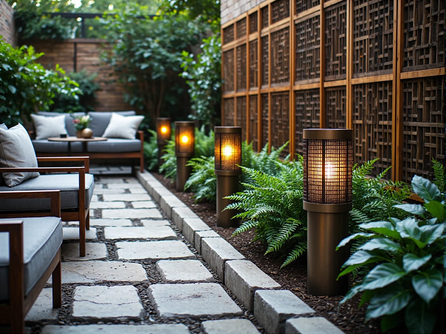Ścieżka w ogrodzie w stylu kolonialnym wyznaczona przez punktowe lampy LED z ciepłym światłem.