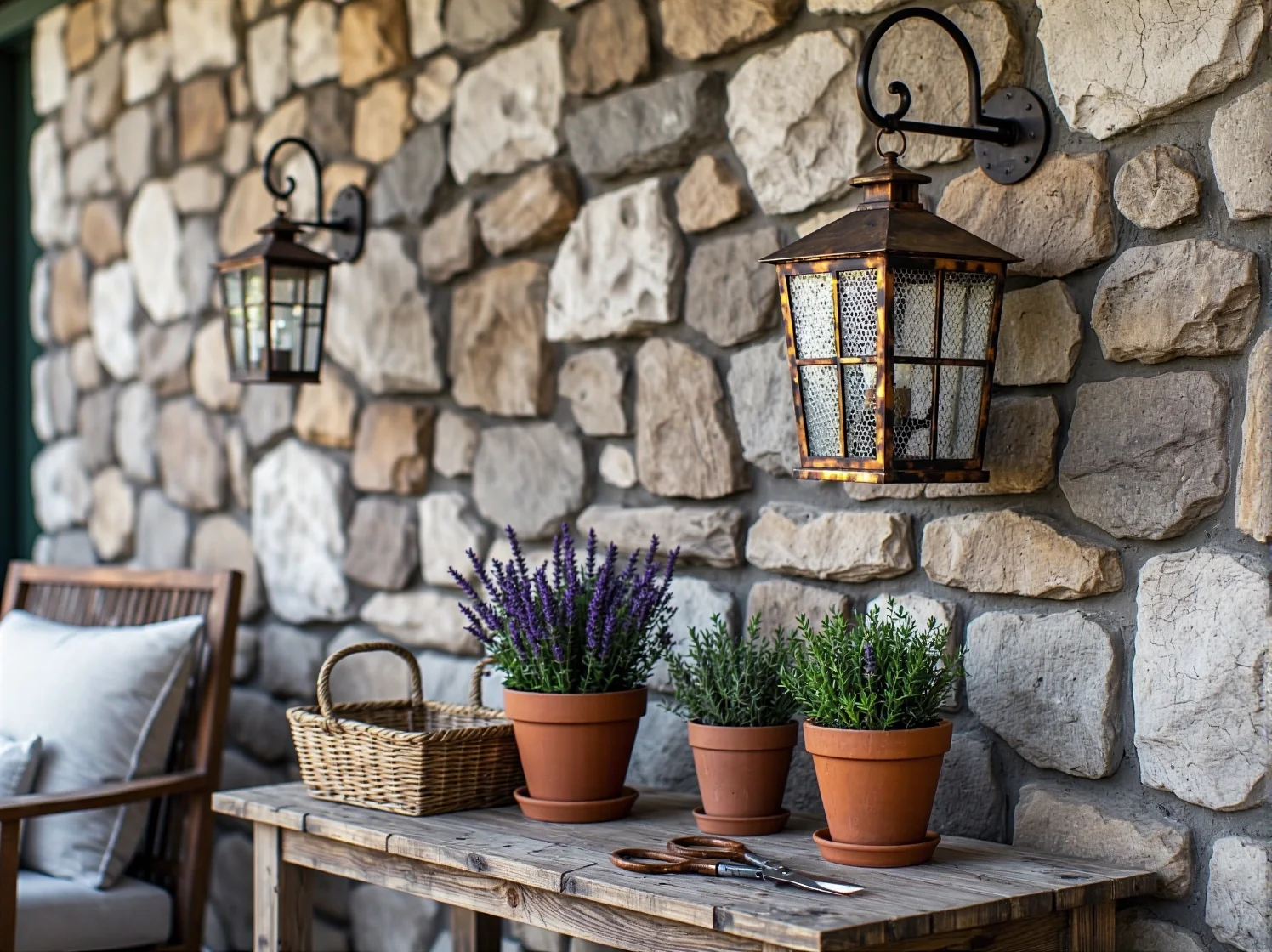 Ścieżka w ogrodzie oświetlona przez stojące lampy przydomowe w stylu retro.