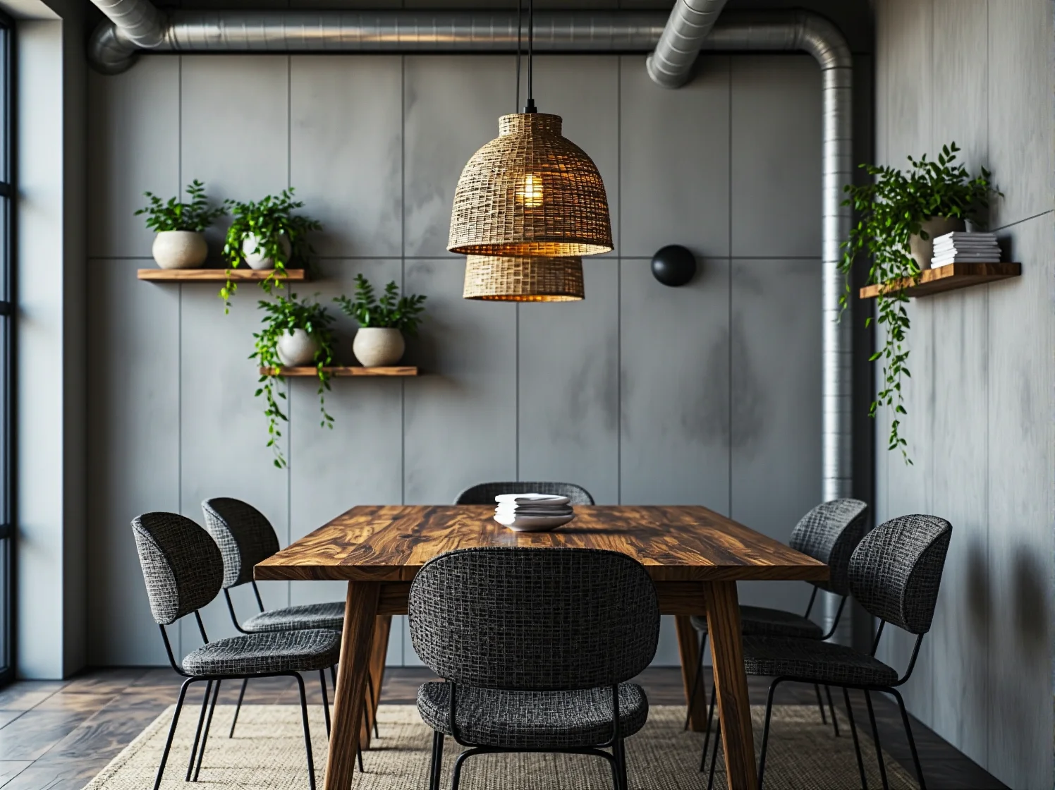 Stół z naturalnego drewna z czarnymi metalowymi nogami idealny do loftu