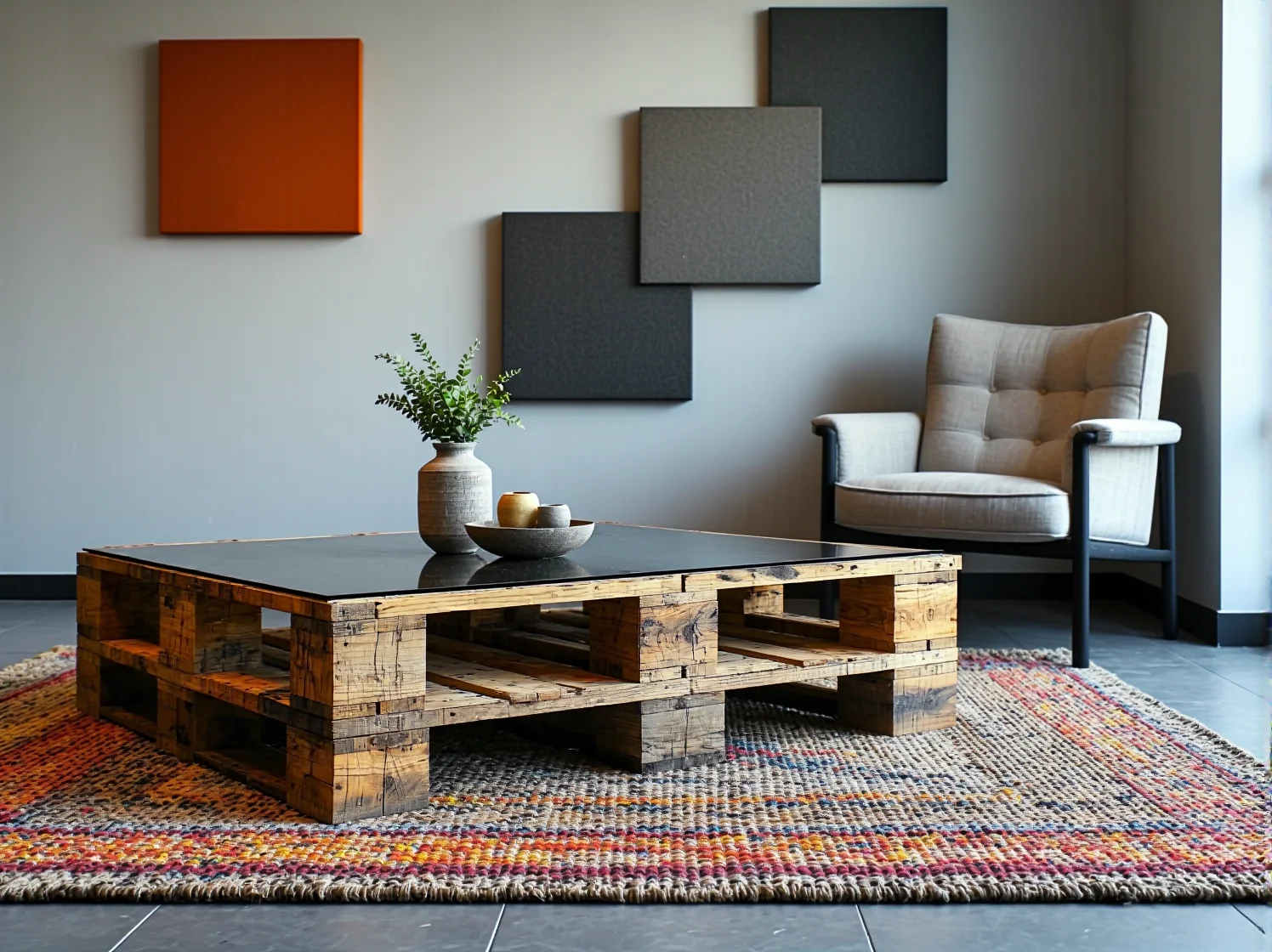 Strefa relaksu w biurze z wygodnymi meblami upcyklingowymi