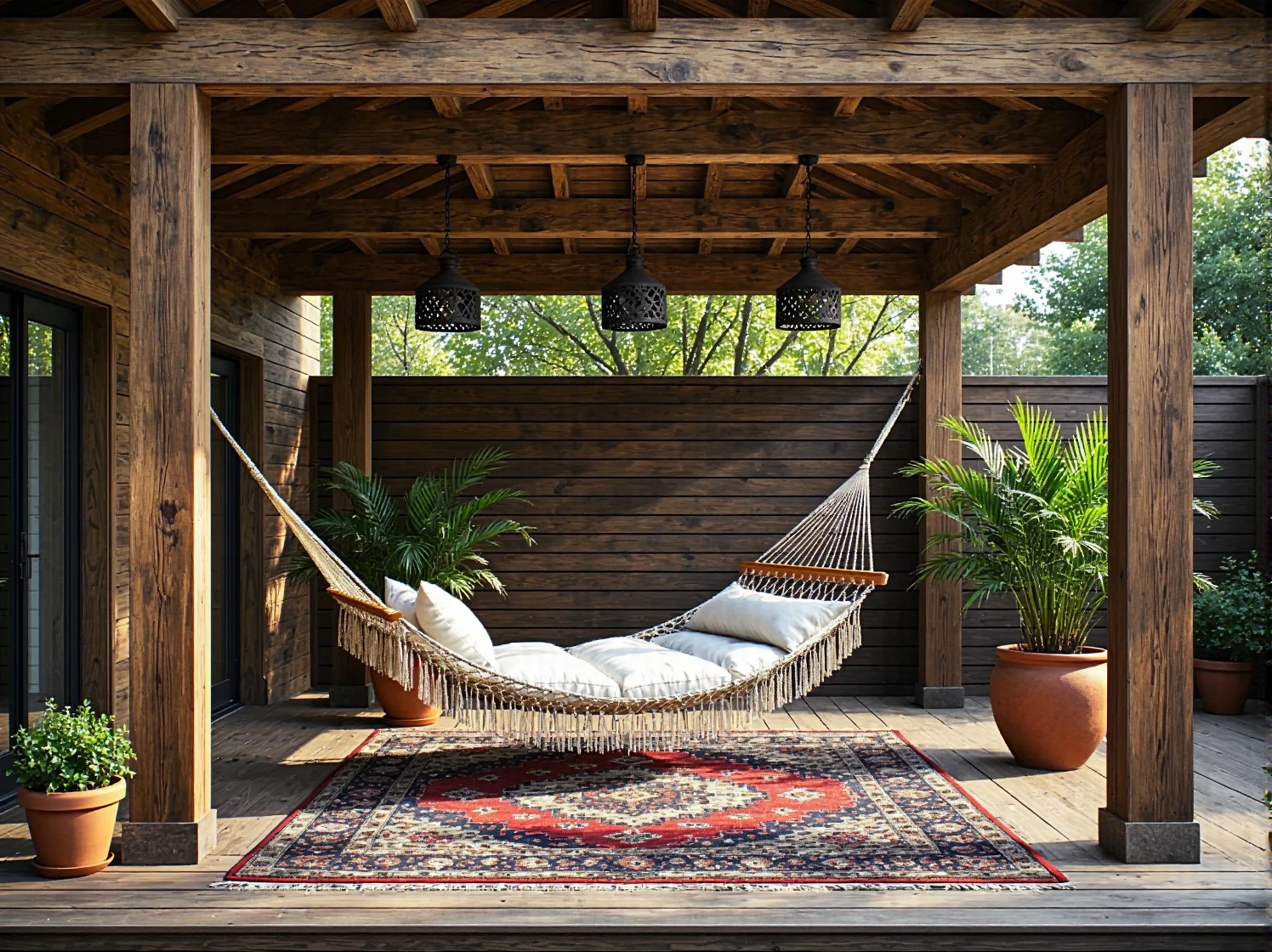 Wieczorna strefa relaksu w ogrodzie kolonialnym z drewnianymi meblami i nastrojowym oświetleniem.