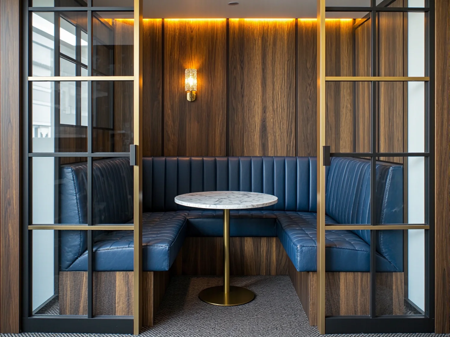 Strefa relaksu w stylu glamour z pikowanymi sofami i eleganckim wystrojem.