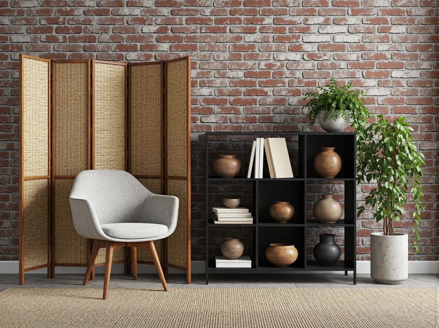 Surowa cegła i ciepłe dębowe drewno w nowoczesnym wnętrzu zen.