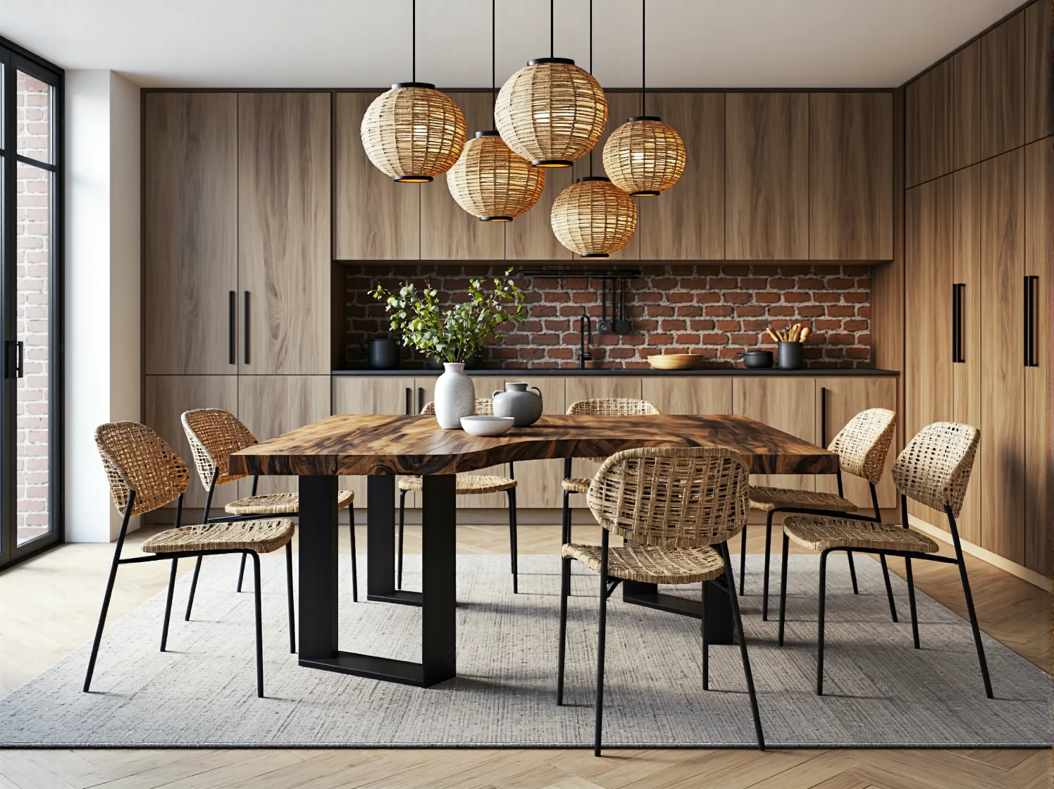 Sypialnia japandi z surowymi betonowymi ścianami i lnianą pościelą.