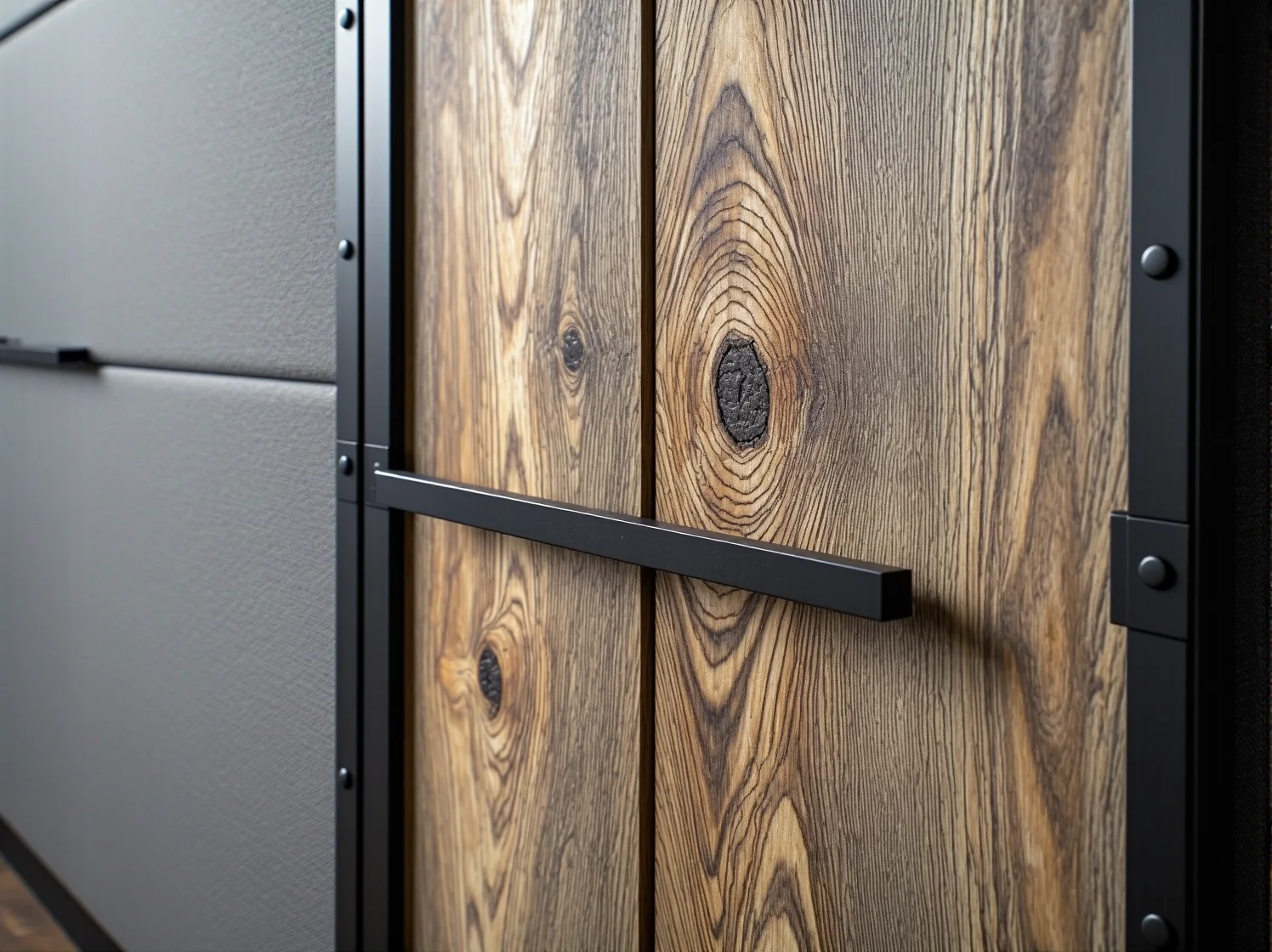 Szczotkowane drewno dębowe z widocznymi słojami użyte do produkcji mebli industrialnych