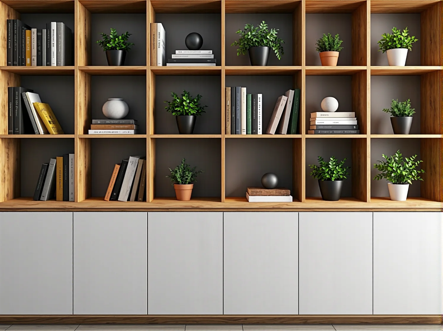 Taśmy LED zamontowane pod półkami w systemach mebli modułowych.