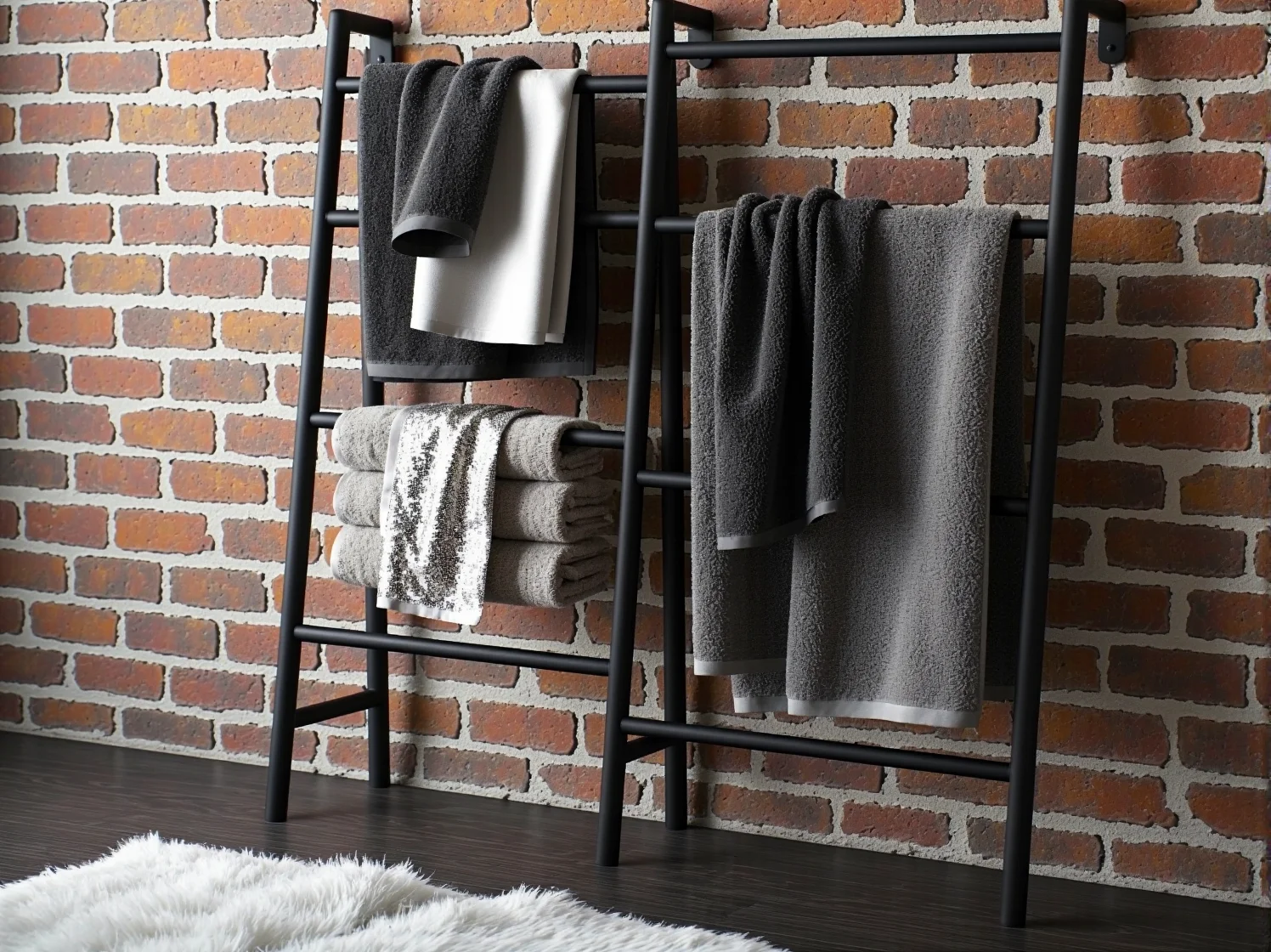 Wolnostojąca wanna glamour na tle ściany z czerwonej cegły w surowej, loftowej łazience.