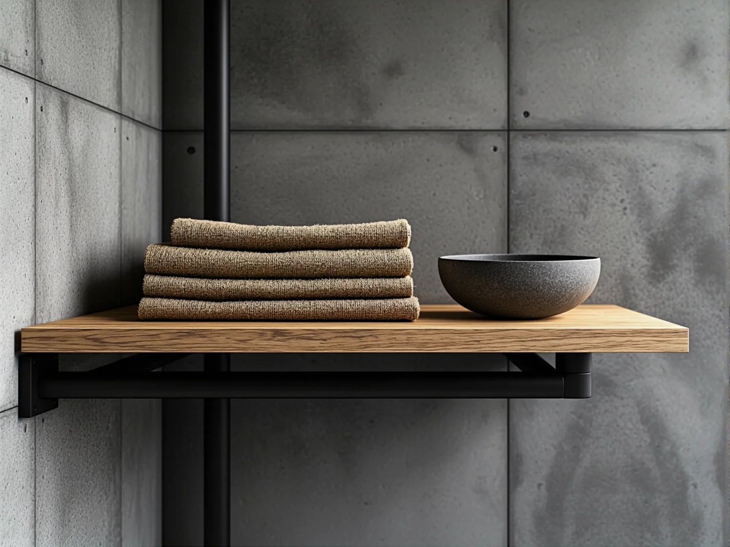 Miękki wełniany dywan kontrastujący z surową betonową podłogą.