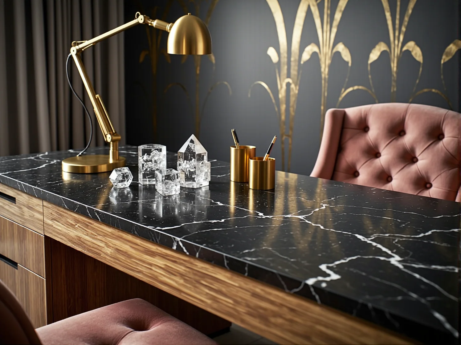 Złote dodatki i welurowe fotele w luksusowym biurze coworkingowym.