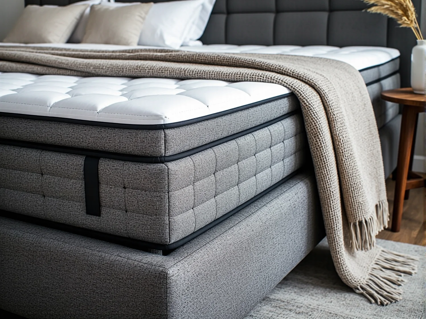 Wysokie wezgłowie łóżka kontynentalnego w hotelowym apartamencie