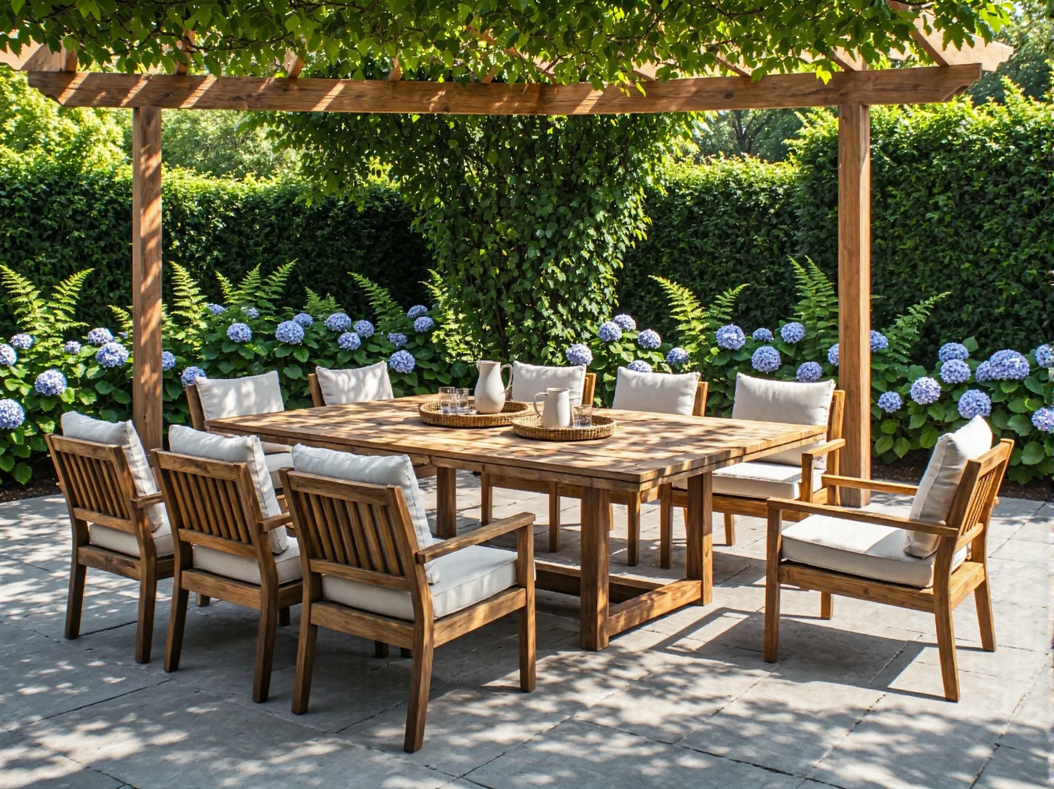 Drewniany zestaw ogrodowy stół z fotelami i poduszkami