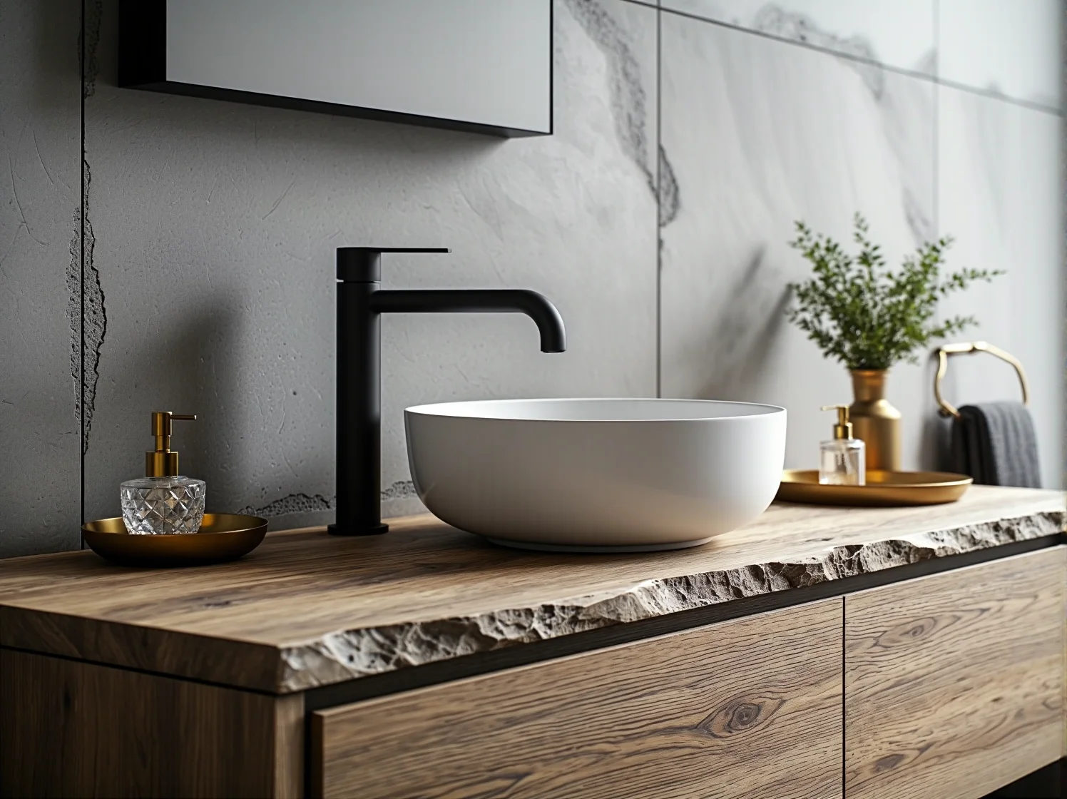 Złota umywalka nablatowa i czarna bateria na tle surowej ściany w łazience industrialnej glamour.