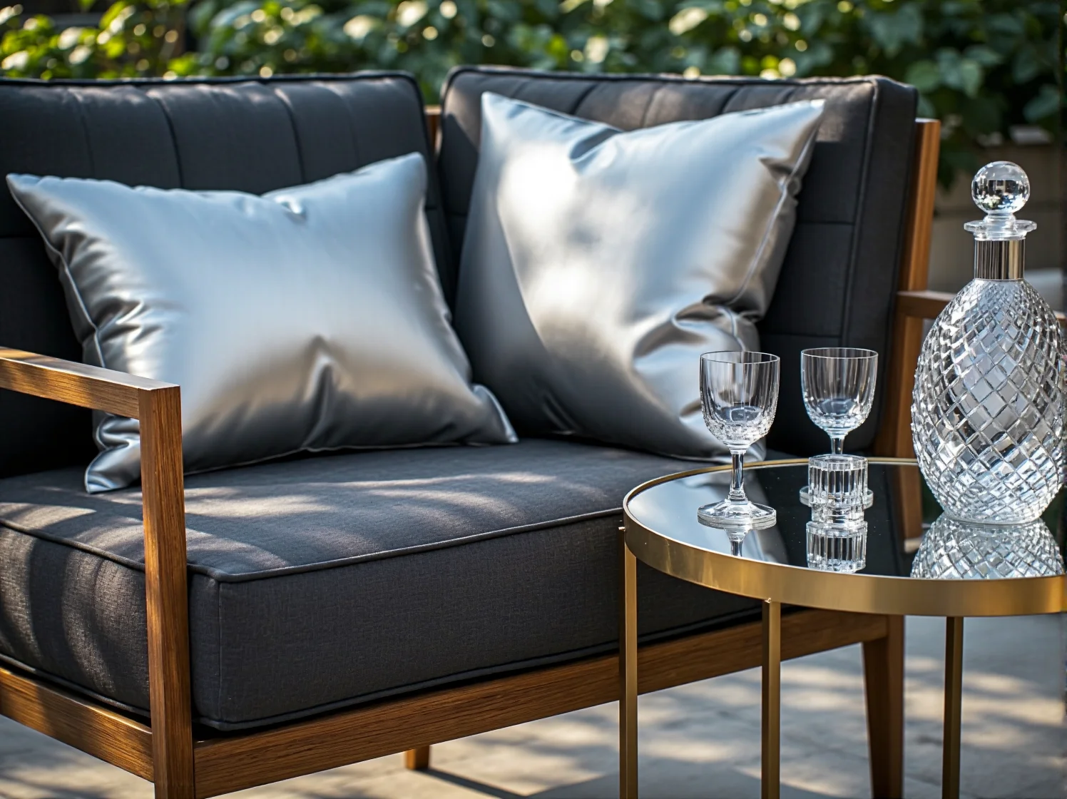 Złote akcenty i luksusowe dodatki na stole w przestrzeni outdoorowej w stylu glamour.